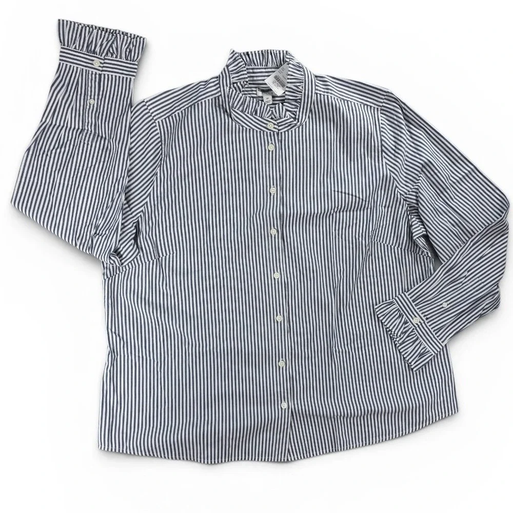 J.Crew Women 2X Blue Striped Ruffleneck Collar Button Up Shirt Cotton Blend